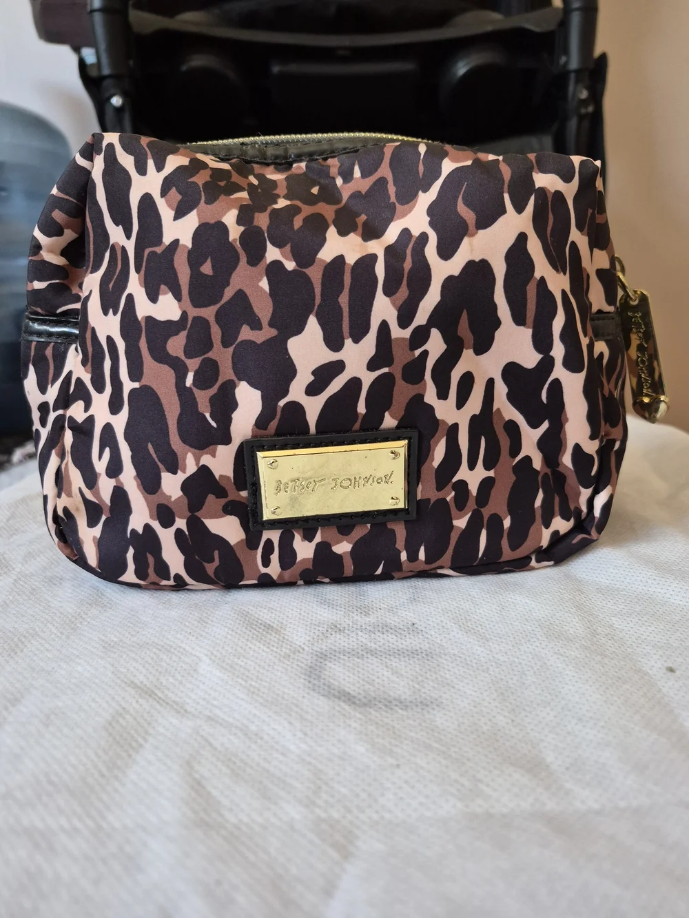 Betsey Johnson Pink and Brown Leopard Quilted Cosmetic Bag with Bow